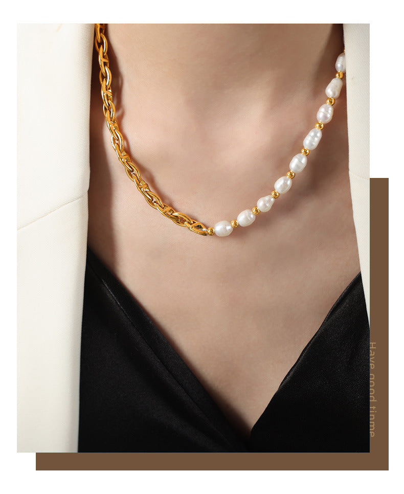 All-Match Titanium Steel Gold-Plated Freshwater Pearl Necklace