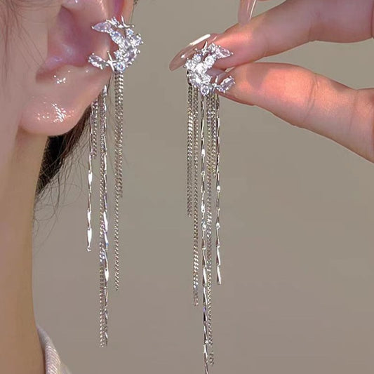 Fashion Elegant Zircon Awn Star Moon Tassel Non-piercing Ear Clip