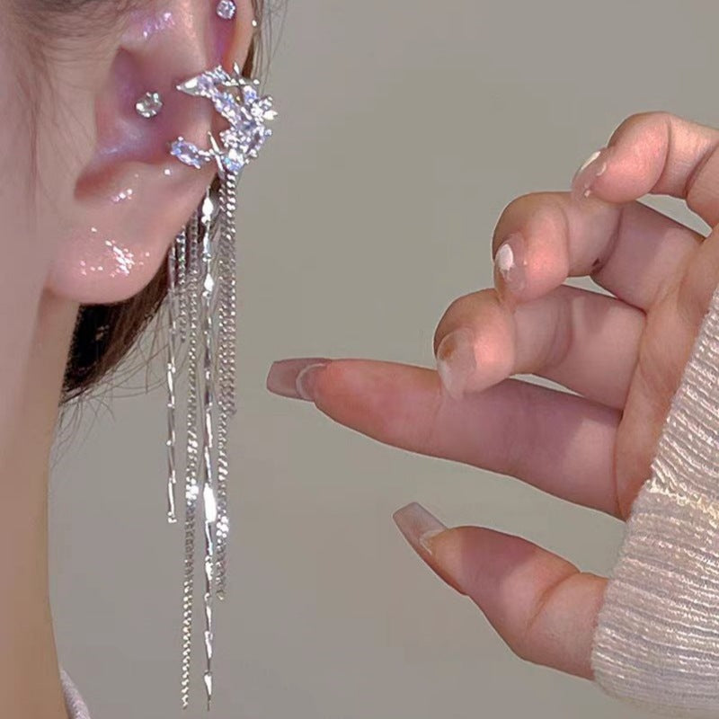 Fashion Elegant Zircon Awn Star Moon Tassel Non-piercing Ear Clip