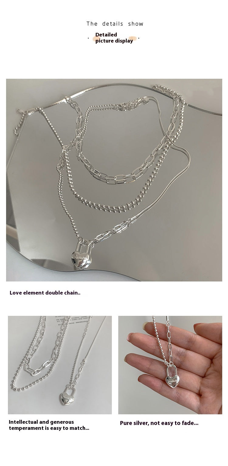 Women's Double-Layer Chain Heart-Shape Lock Necklace S925 Sterling Silver