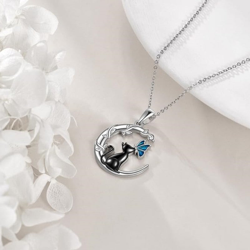 Black Cat Butterfly Moon Branch Winding Pendant Necklace