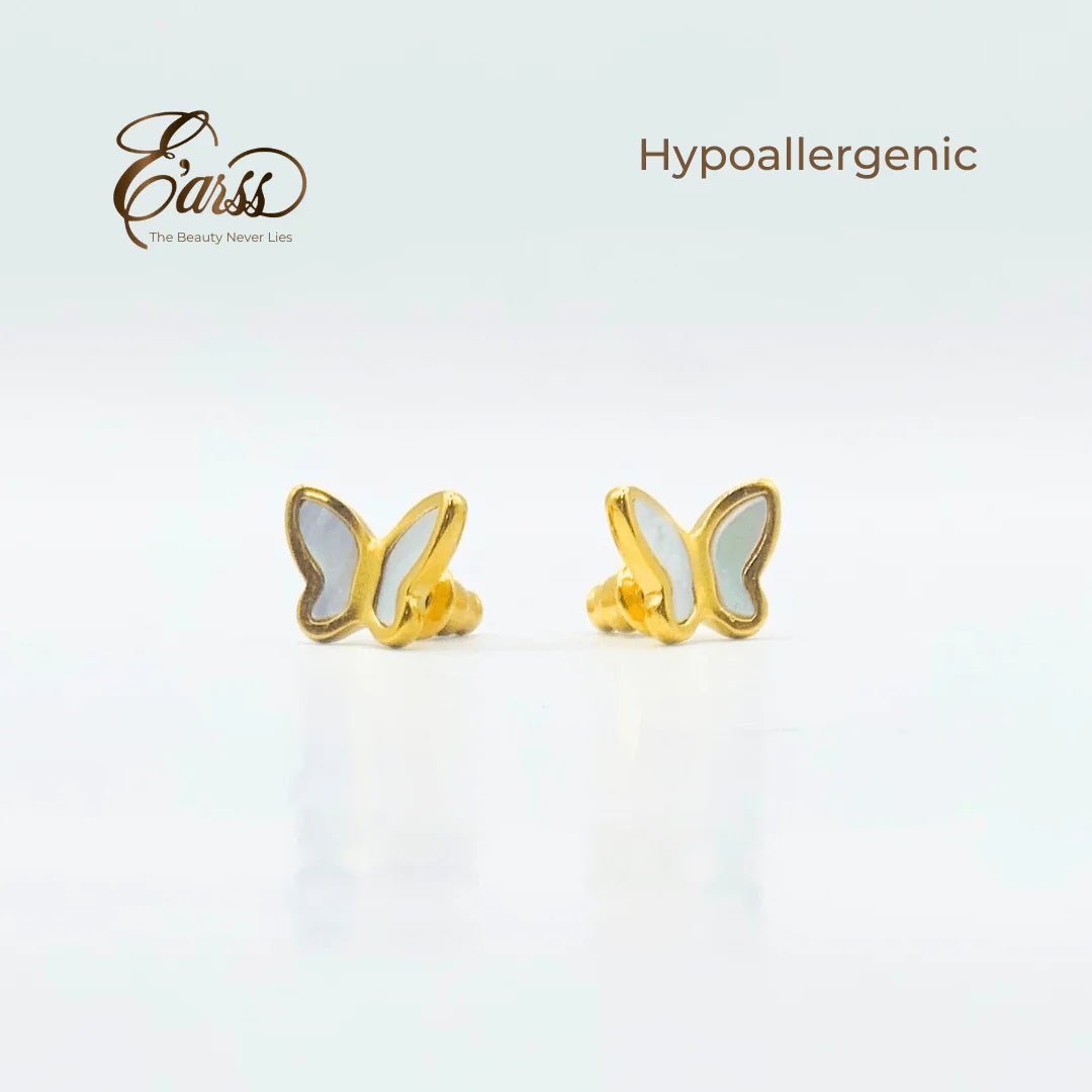 Butterfly White Gold Earring | Stainless Steel | 18K Gold Plated